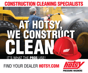 Hotsy ad showing construction pressure washing and red safety helmet Hotsy ad showing construction pressure washing and red safety helmet