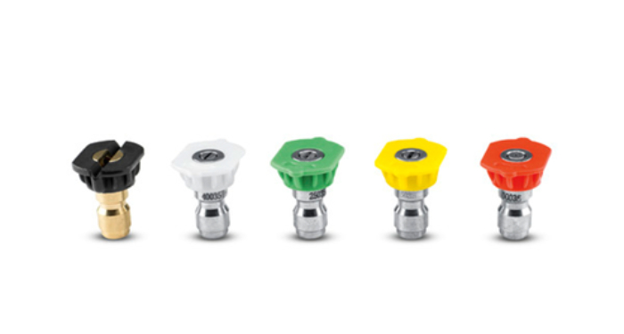 Set of five pressure washer nozzles in different colors and spray angles
