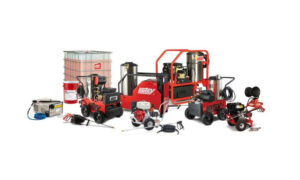 Assortment of Hotsy pressure washers and cleaning equipment displayed on white background.
