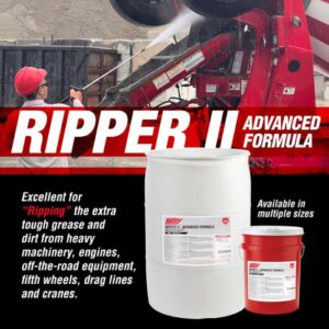 Man using Hotsy pressure washer near machinery with Ripper II degreaser containers shown