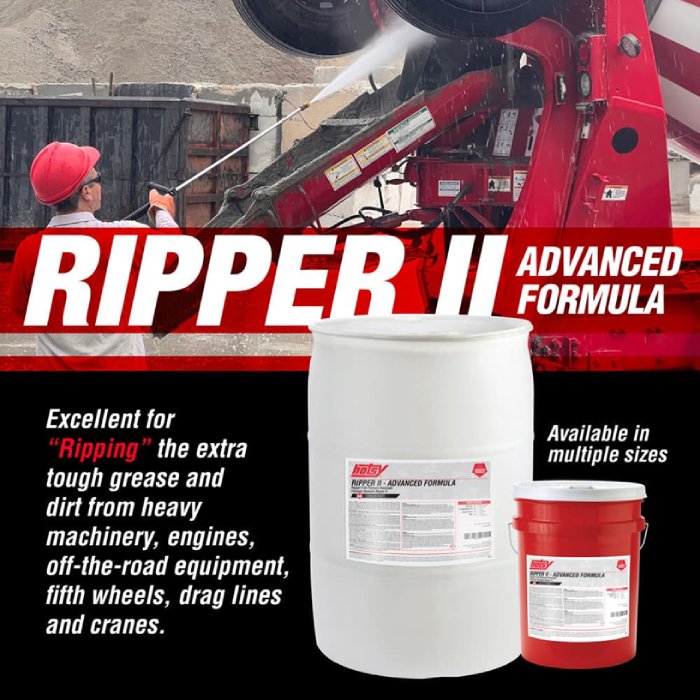 Man using Hotsy pressure washer near machinery with Ripper II degreaser containers shown